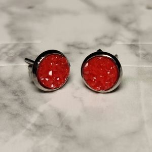 Red Druzy Stud Earrings
